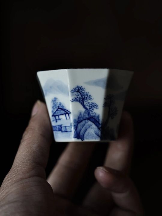 雲由拟古｜青花山水八方杯｜一套五只